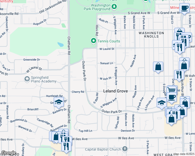map of restaurants, bars, coffee shops, grocery stores, and more near 1898 W Ash St in Leland Grove
