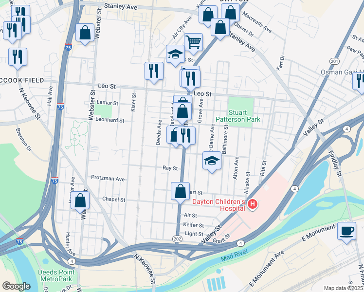 map of restaurants, bars, coffee shops, grocery stores, and more near 701 Troy Street in Dayton
