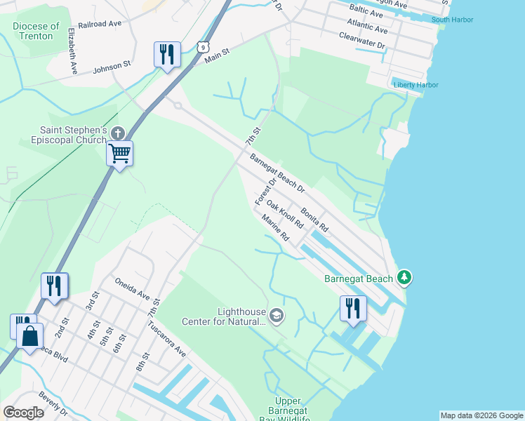 map of restaurants, bars, coffee shops, grocery stores, and more near 82 Bonita Road in Ocean Township