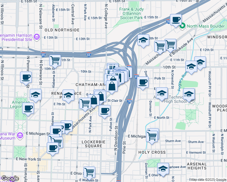 map of restaurants, bars, coffee shops, grocery stores, and more near 845 Massachusetts Avenue in Indianapolis