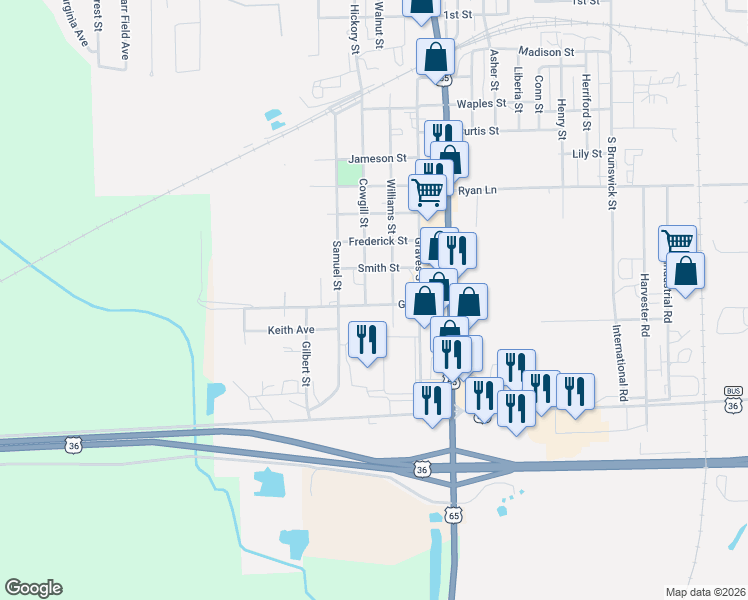 map of restaurants, bars, coffee shops, grocery stores, and more near 1101-1199 Green Street in Chillicothe