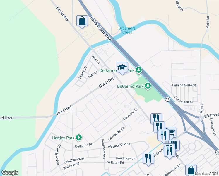map of restaurants, bars, coffee shops, grocery stores, and more near 100 Risa Way in Chico