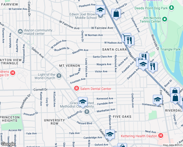map of restaurants, bars, coffee shops, grocery stores, and more near 240 Victor Avenue in Dayton