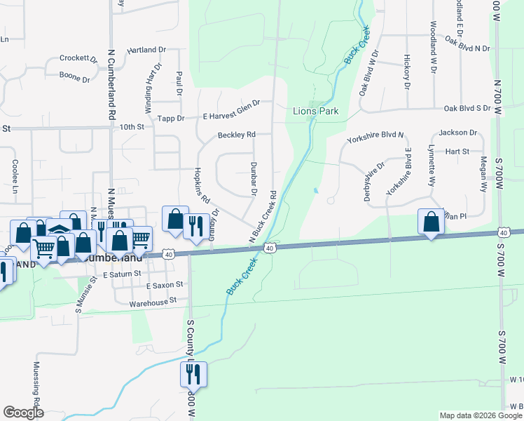 map of restaurants, bars, coffee shops, grocery stores, and more near 84 North Buck Creek Road in Indianapolis