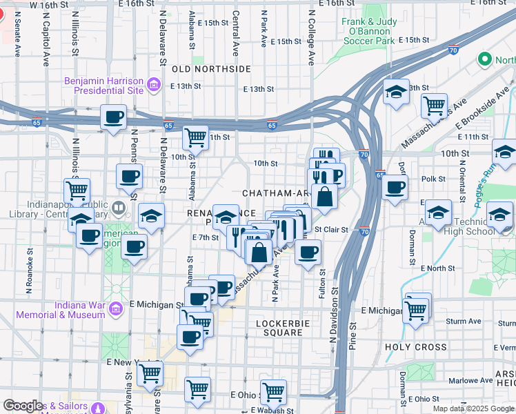 map of restaurants, bars, coffee shops, grocery stores, and more near 824 North Park Avenue in Indianapolis