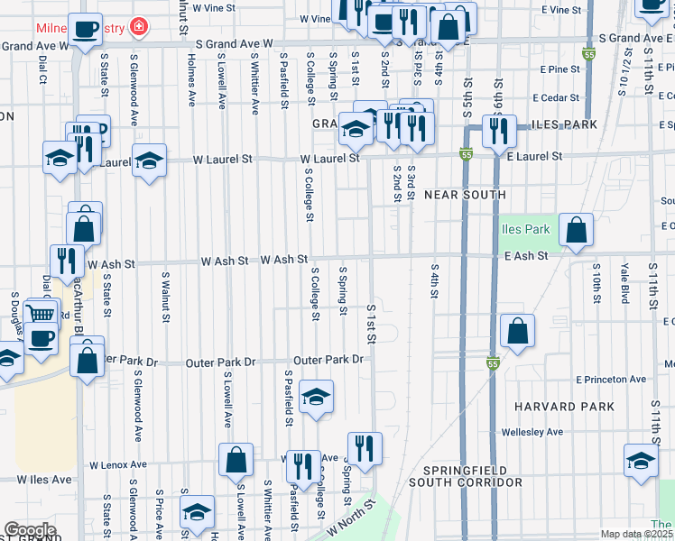 map of restaurants, bars, coffee shops, grocery stores, and more near 224 West Ash Street in Springfield