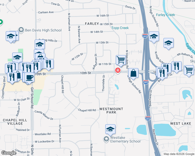 map of restaurants, bars, coffee shops, grocery stores, and more near 909 North Bauman Street in Indianapolis
