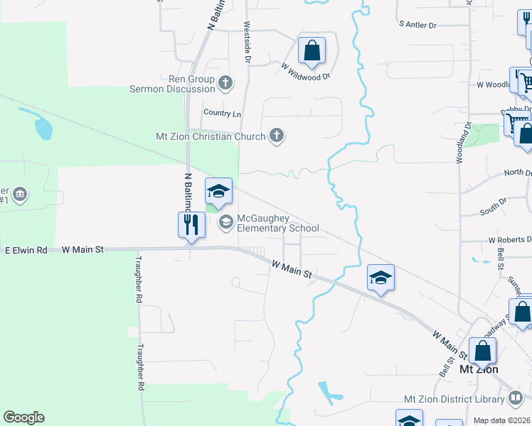map of restaurants, bars, coffee shops, grocery stores, and more near 1100-1144 Meadowview Drive in Mount Zion