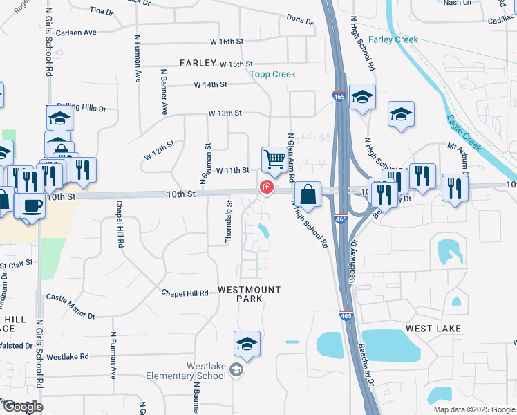 map of restaurants, bars, coffee shops, grocery stores, and more near 918 Prestwick Lane in Indianapolis