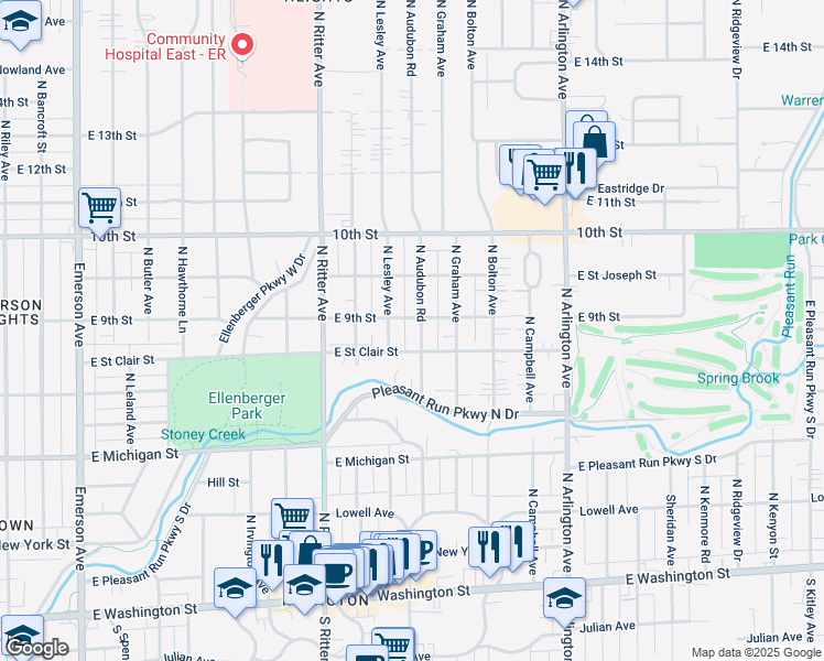 map of restaurants, bars, coffee shops, grocery stores, and more near 814 North Audubon Road in Indianapolis