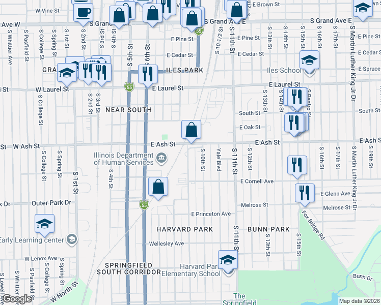 map of restaurants, bars, coffee shops, grocery stores, and more near 2130 South 9th Street in Springfield