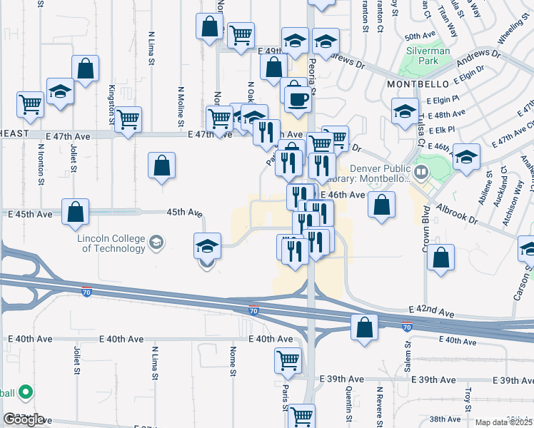 map of restaurants, bars, coffee shops, grocery stores, and more near 12025 E 45th Ave in Denver