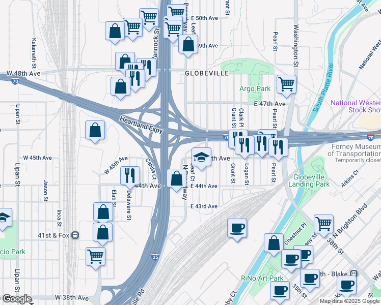 map of restaurants, bars, coffee shops, grocery stores, and more near 4510 Leaf Court in Denver