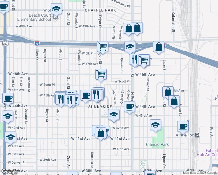 map of restaurants, bars, coffee shops, grocery stores, and more near 4530 Shoshone Street in Denver