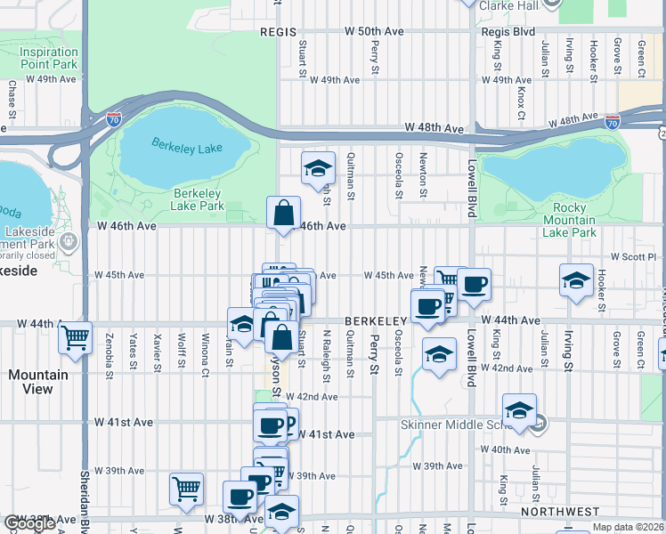 map of restaurants, bars, coffee shops, grocery stores, and more near 4205 West 45th Avenue in Denver