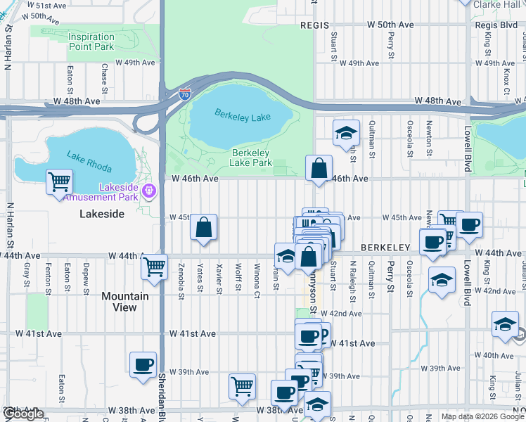 map of restaurants, bars, coffee shops, grocery stores, and more near 4501 Vrain Street in Denver