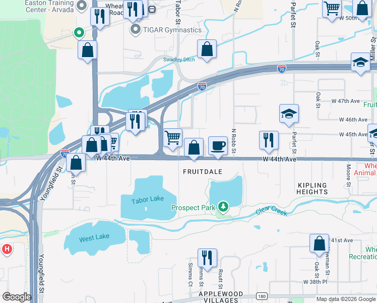 map of restaurants, bars, coffee shops, grocery stores, and more near in Wheat Ridge