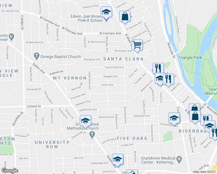 map of restaurants, bars, coffee shops, grocery stores, and more near 922 Wheatley Avenue in Dayton