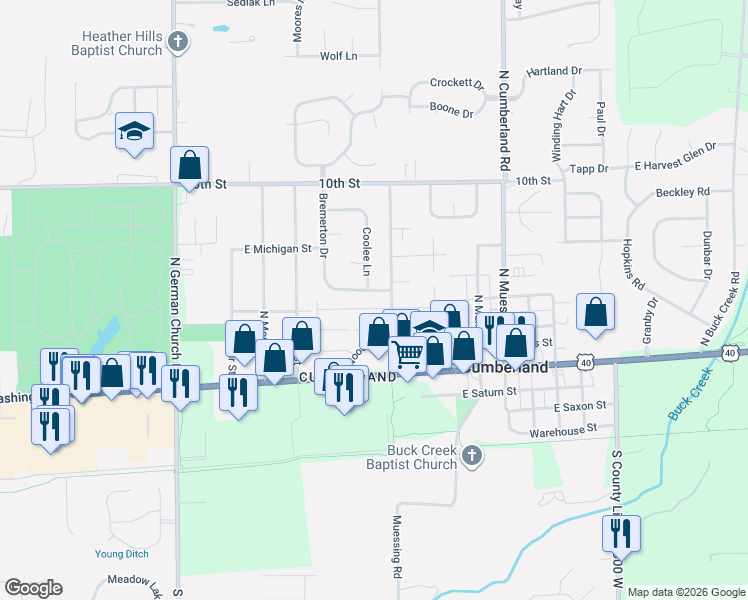 map of restaurants, bars, coffee shops, grocery stores, and more near 11343 East New York Street in Cumberland