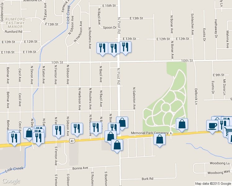 map of restaurants, bars, coffee shops, grocery stores, and more near 451 North Boehning Street in Indianapolis