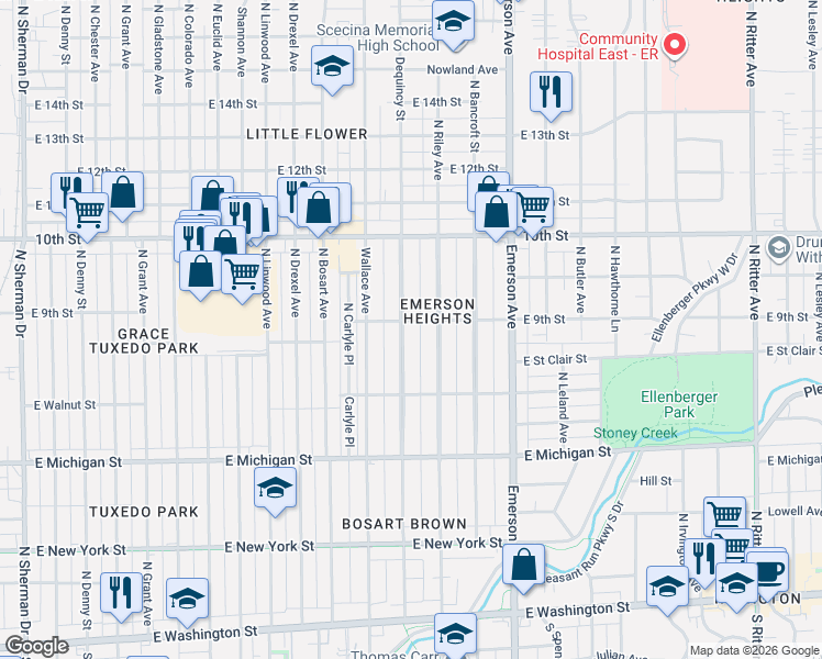 map of restaurants, bars, coffee shops, grocery stores, and more near 762 North Riley Avenue in Indianapolis