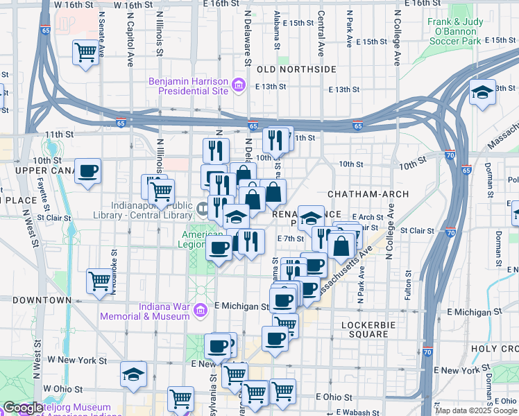 map of restaurants, bars, coffee shops, grocery stores, and more near 825 North Delaware Street in Indianapolis