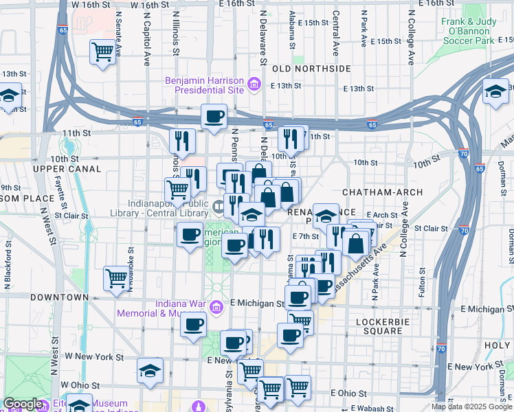 map of restaurants, bars, coffee shops, grocery stores, and more near 825 North Delaware Street in Indianapolis