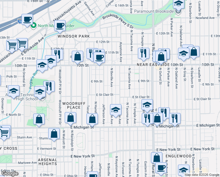 map of restaurants, bars, coffee shops, grocery stores, and more near 815 North Beville Avenue in Indianapolis