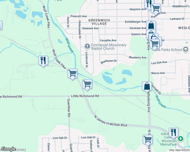 map of restaurants, bars, coffee shops, grocery stores, and more near 4827 West Riverview Avenue in Dayton