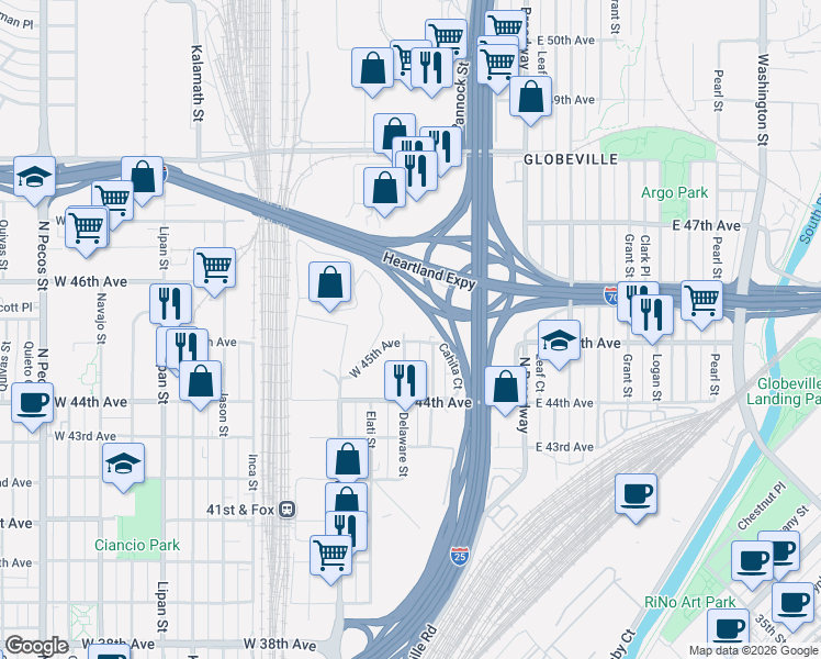 map of restaurants, bars, coffee shops, grocery stores, and more near 351 West 45th Avenue in Denver