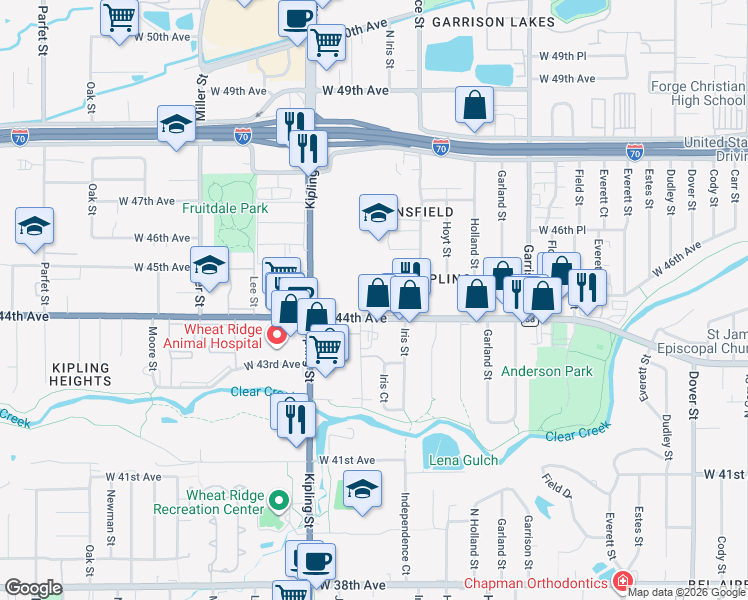 map of restaurants, bars, coffee shops, grocery stores, and more near 9859 West 44th Avenue in Wheat Ridge