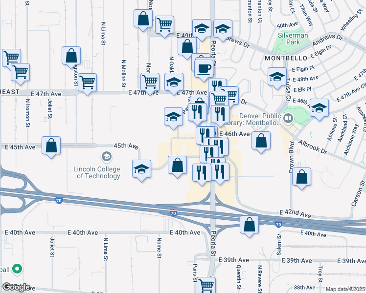 map of restaurants, bars, coffee shops, grocery stores, and more near 12025 East 45th Avenue in Denver