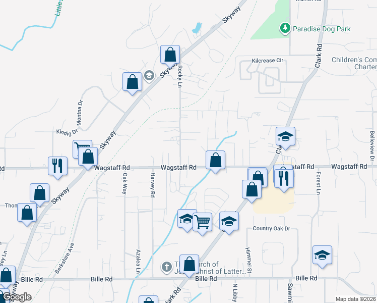 map of restaurants, bars, coffee shops, grocery stores, and more near 6446 Rocky Lane in Paradise