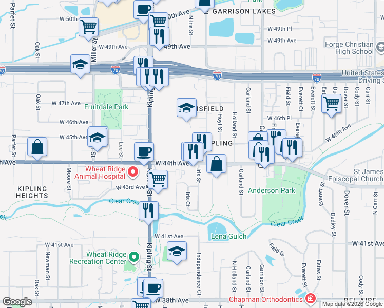 map of restaurants, bars, coffee shops, grocery stores, and more near 9859 West 44th Avenue in Wheat Ridge