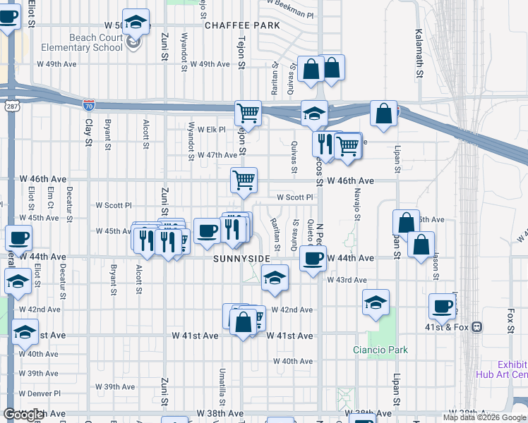 map of restaurants, bars, coffee shops, grocery stores, and more near 4530 Shoshone Street in Denver
