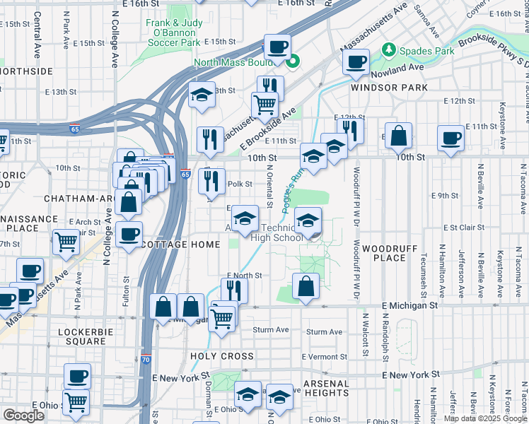 map of restaurants, bars, coffee shops, grocery stores, and more near 1319 East 9th Street in Indianapolis
