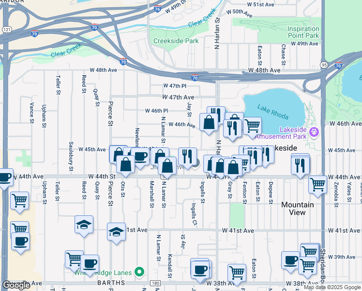 map of restaurants, bars, coffee shops, grocery stores, and more near 6265 West 45th Avenue in Wheat Ridge