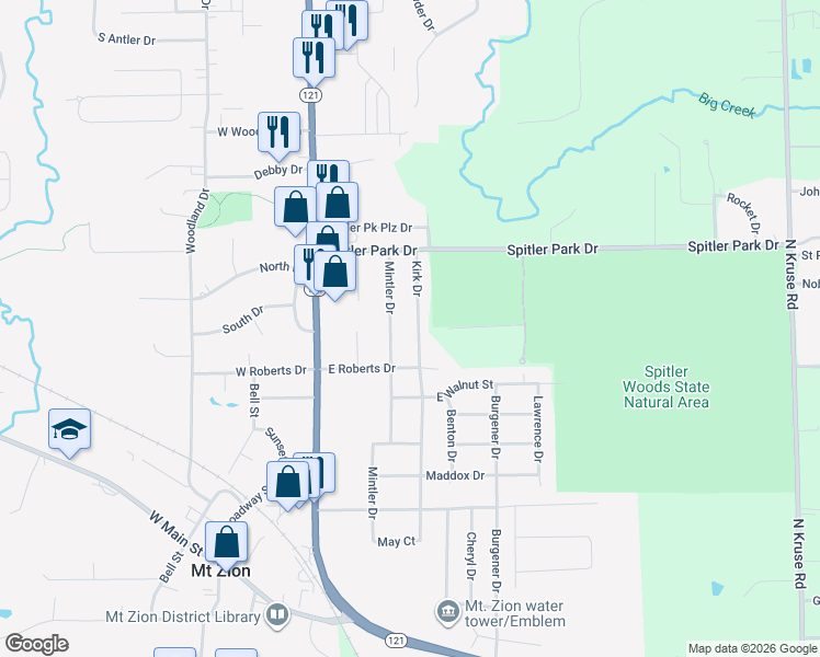 map of restaurants, bars, coffee shops, grocery stores, and more near 850 Mintler Drive in Mount Zion
