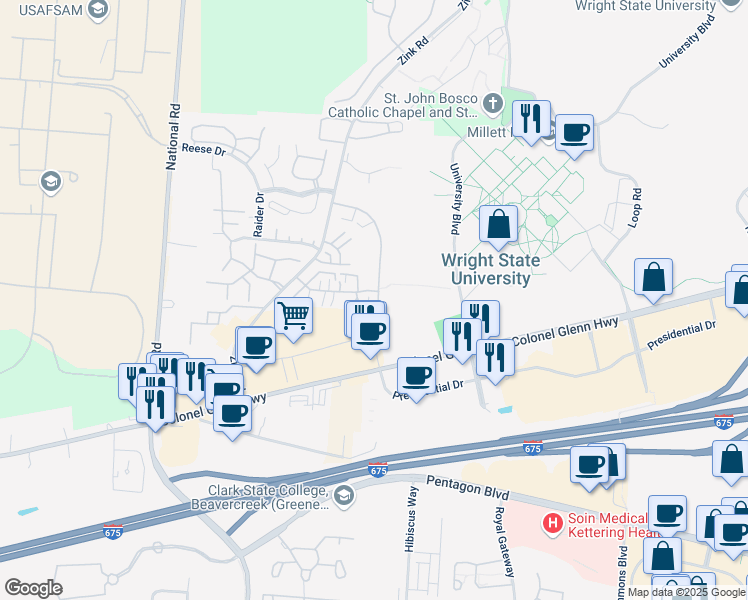 map of restaurants, bars, coffee shops, grocery stores, and more near 1354 Sanzon Drive in Fairborn