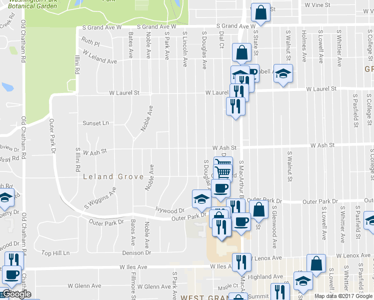 map of restaurants, bars, coffee shops, grocery stores, and more near 2003 South Lincoln Avenue in Springfield