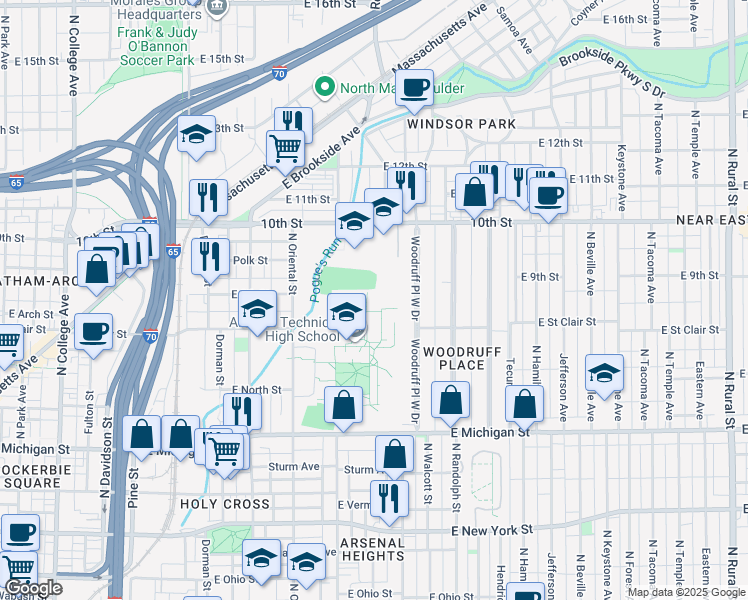 map of restaurants, bars, coffee shops, grocery stores, and more near 727 North Oriental Street in Indianapolis