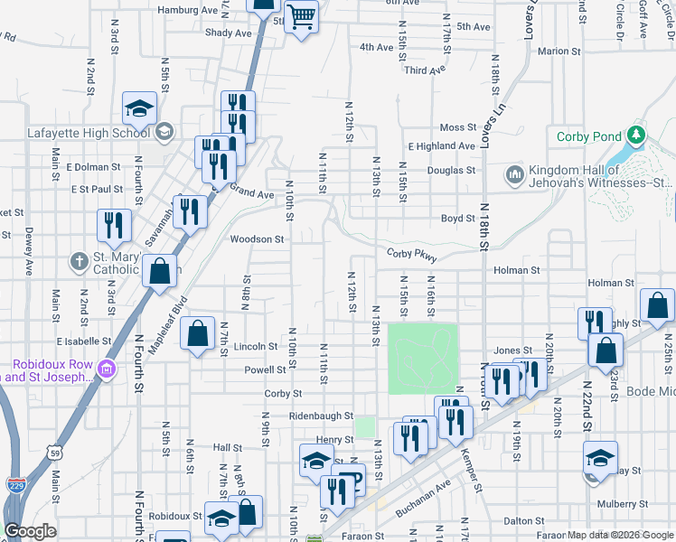 map of restaurants, bars, coffee shops, grocery stores, and more near 1411 North 11th Street in Saint Joseph