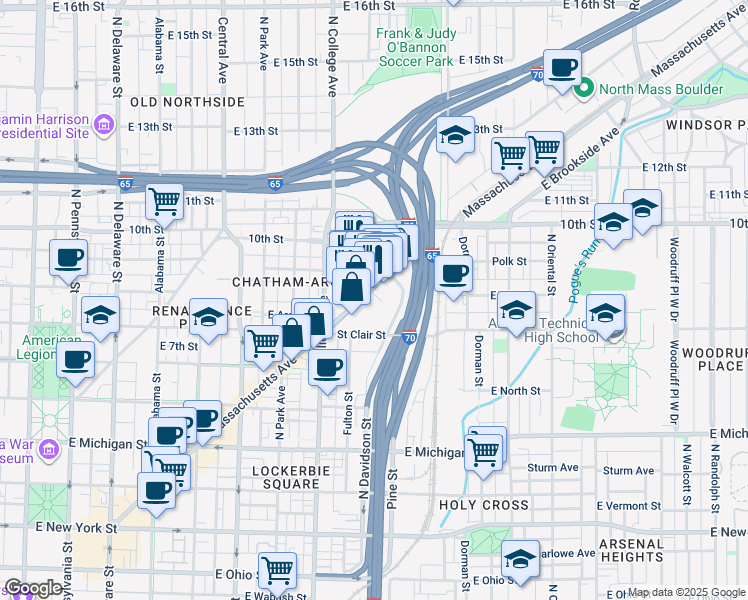 map of restaurants, bars, coffee shops, grocery stores, and more near 845 Massachusetts Avenue in Indianapolis