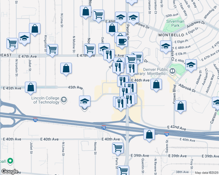 map of restaurants, bars, coffee shops, grocery stores, and more near 12025 East 45th Avenue in Denver