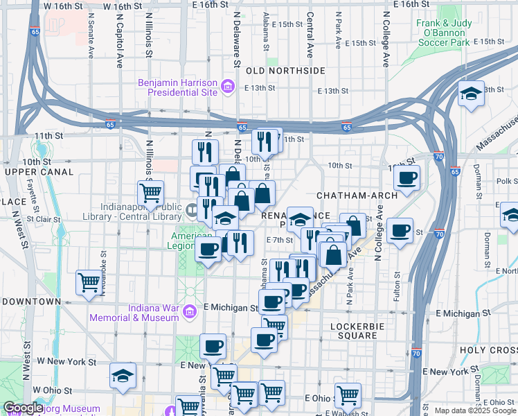 map of restaurants, bars, coffee shops, grocery stores, and more near 824 Christian Place in Indianapolis
