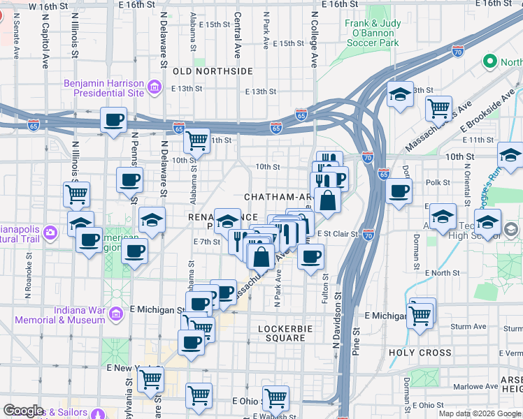 map of restaurants, bars, coffee shops, grocery stores, and more near 812 North Park Avenue in Indianapolis
