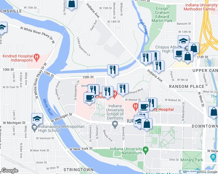 map of restaurants, bars, coffee shops, grocery stores, and more near 810 Wilson Street in Indianapolis
