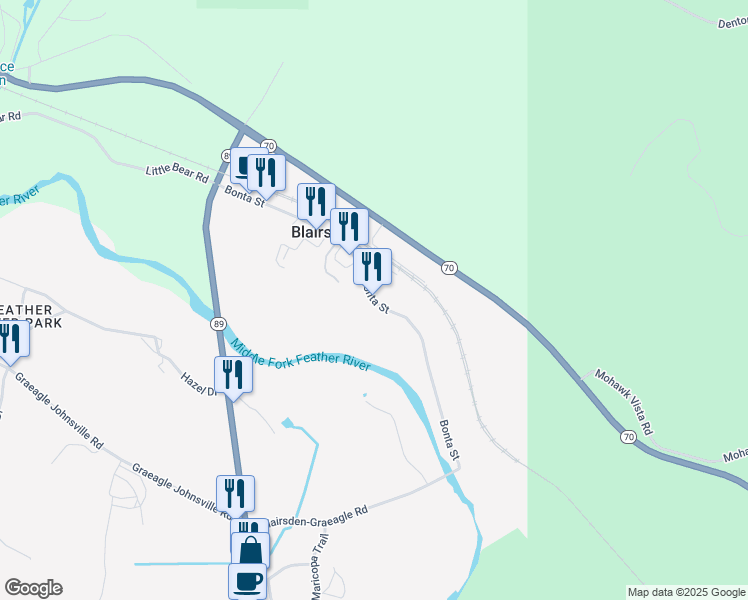 map of restaurants, bars, coffee shops, grocery stores, and more near Bonta Street in Blairsden