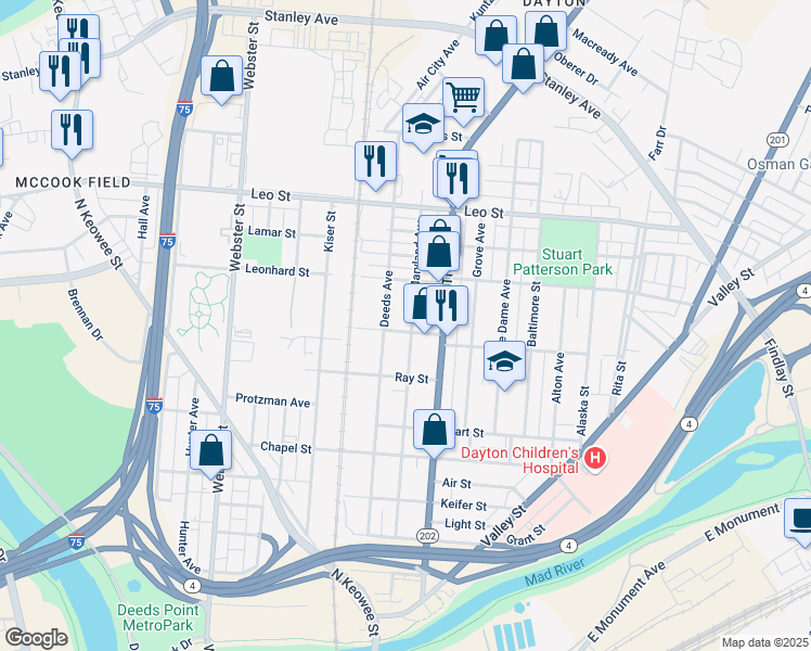 map of restaurants, bars, coffee shops, grocery stores, and more near 551 Maryland Avenue in Dayton