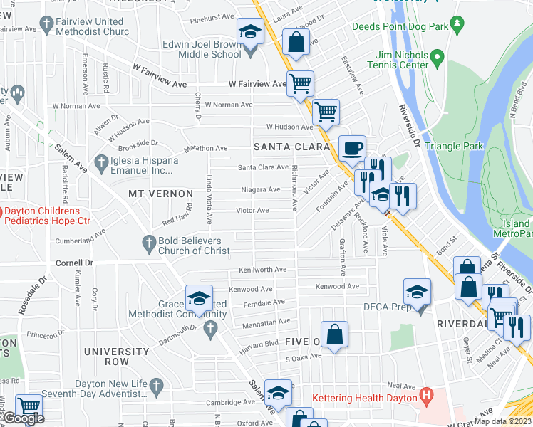 map of restaurants, bars, coffee shops, grocery stores, and more near 144 Victor Avenue in Dayton